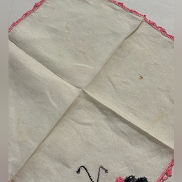 Pink Black Crocheted Butterfly Vintage Ladies Handkerchief 12”x12” - Picture 3 of 11